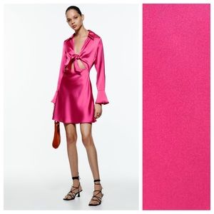 🌹NWT Zara Fuchsia Satin Effect Mini Dress with V-neckline. Size S.